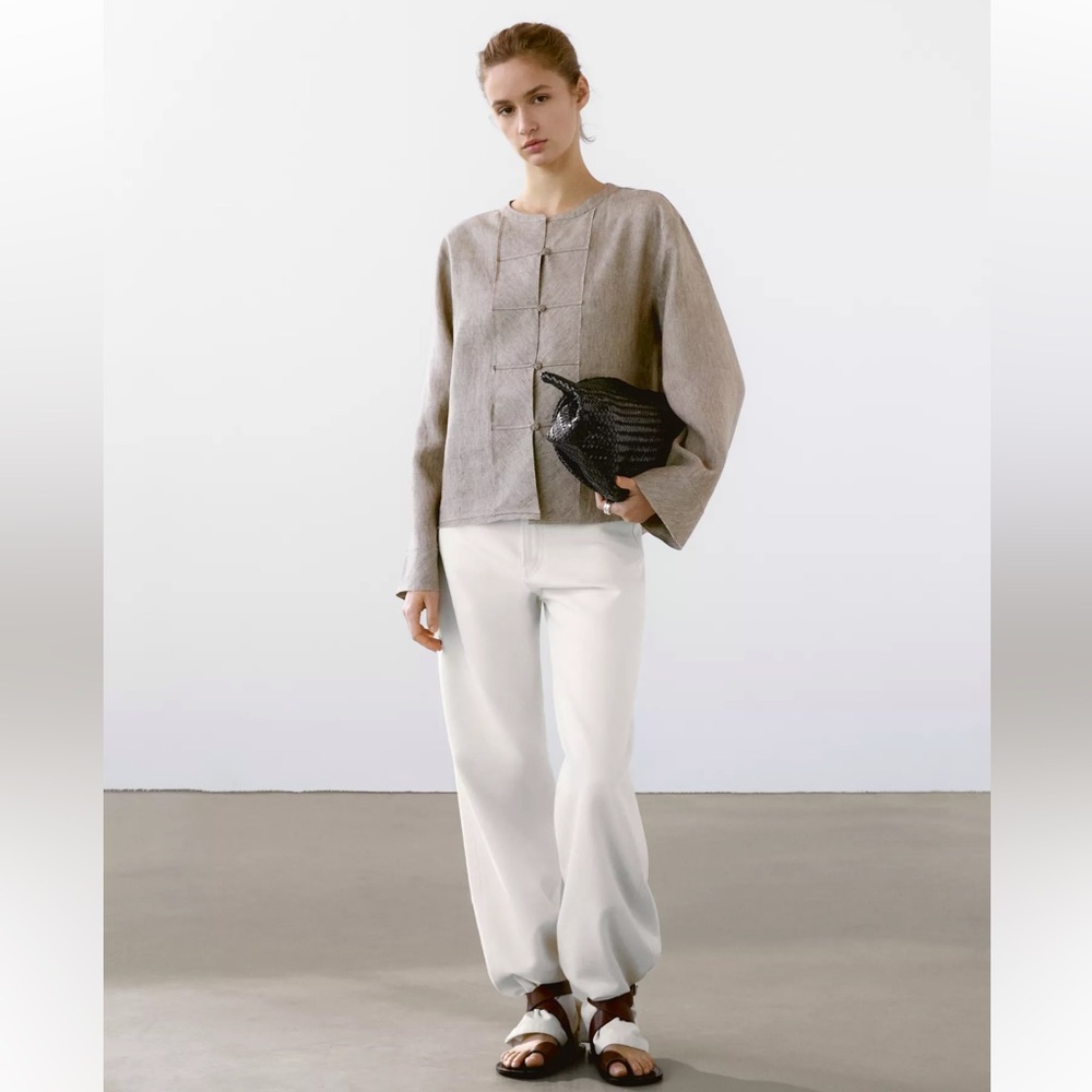 MASSIMO DUTTI — 100% LINEN MELANGE STAND COLLAR BLOUSE (NWOT)